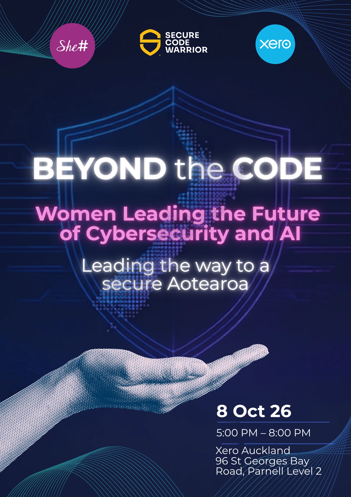 Poster for Beyond the Code, a She Sharp evening with Xero and Secure Code Warrior on 8 October 2026.