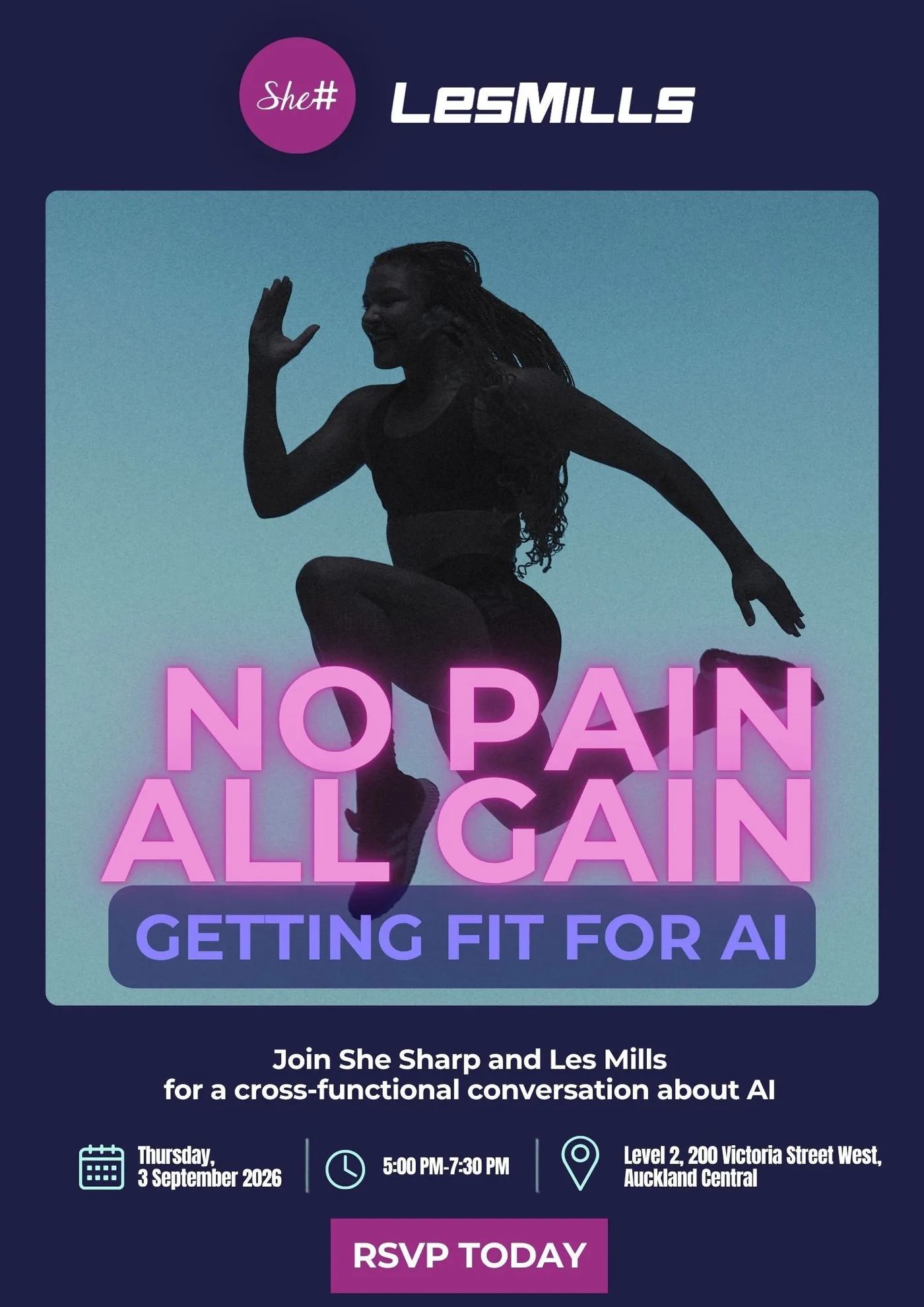 Poster for No Pain, All Gain – Getting Fit for AI, a Les Mills x She Sharp panel on 3 September 2026.