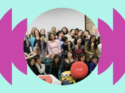 Group photo with graphic overlay